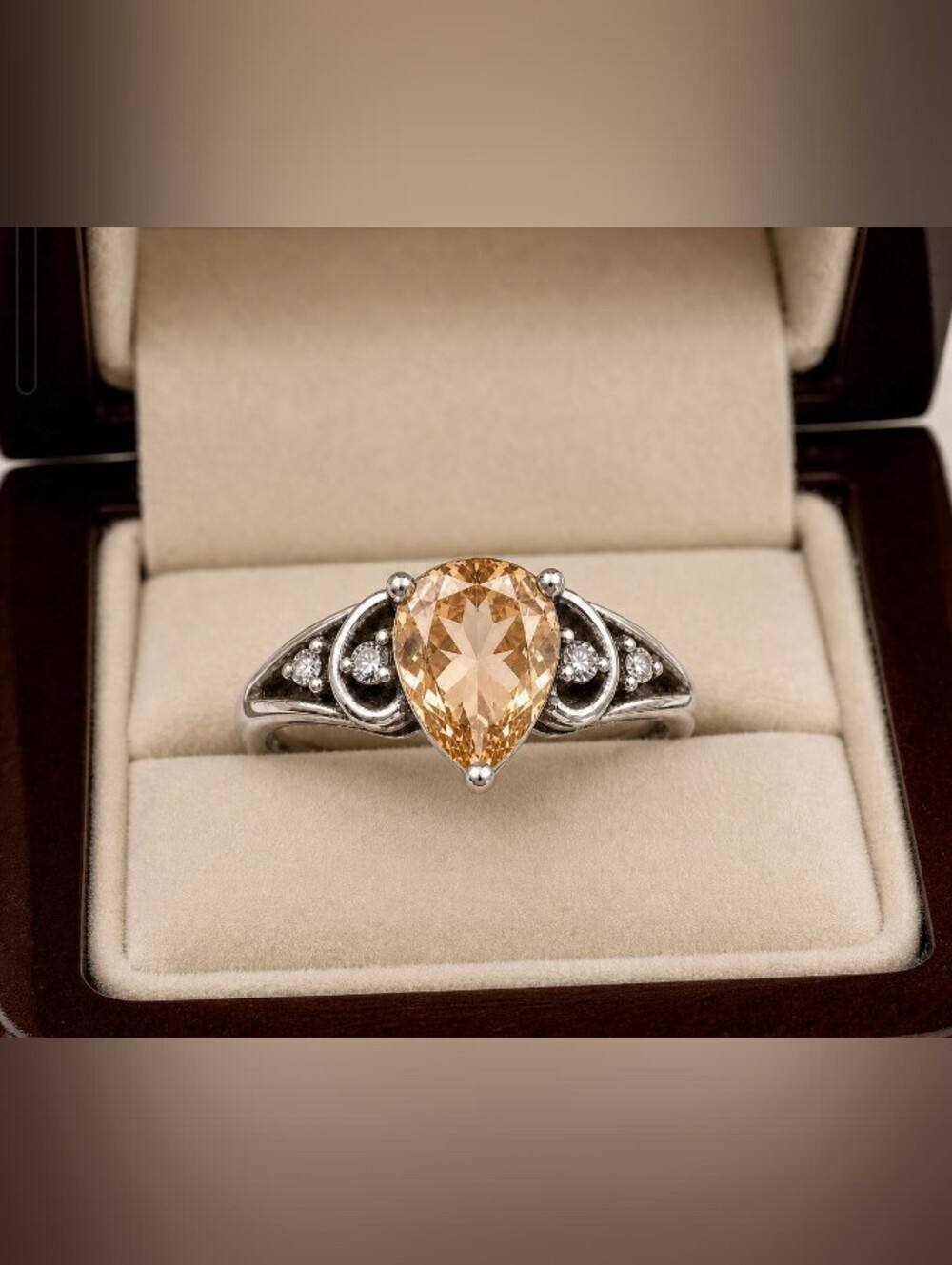 Vintage Style 925 Sterling Silver Citrine & Diamond Ring | Pear Cut Gemstone
